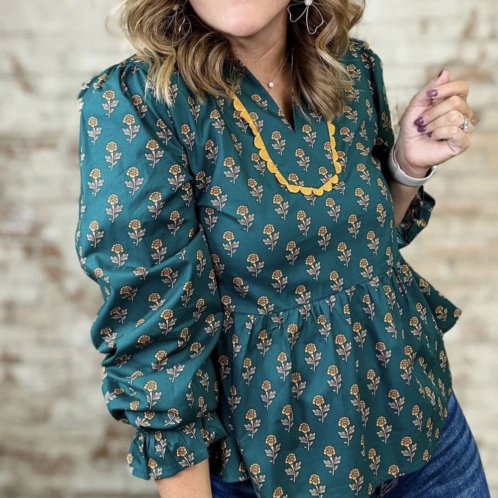 JODIFL Teal Floral Peplum Blouse with Yellow Trim